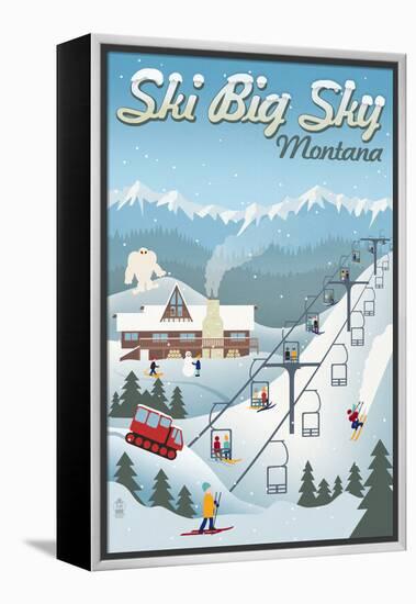 Big Sky, Montana - Retro Ski Resort-Lantern Press-Framed Stretched Canvas