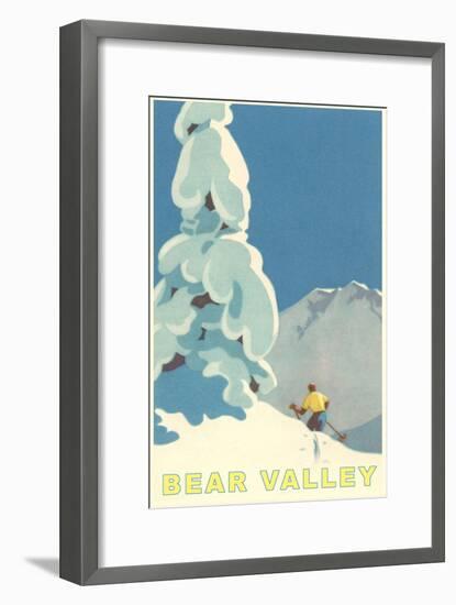 Big Snowy Pine Tree and Skier, Bear Valley-null-Framed Art Print