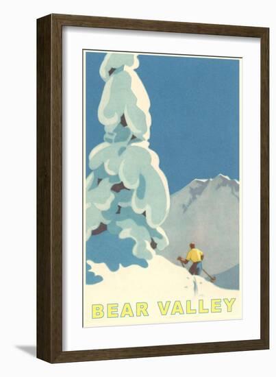 Big Snowy Pine Tree and Skier, Bear Valley-null-Framed Art Print