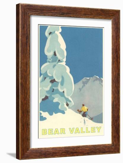 Big Snowy Pine Tree and Skier, Bear Valley-null-Framed Art Print