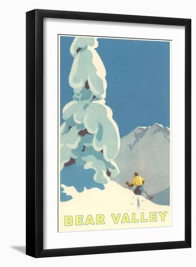 Big Snowy Pine Tree and Skier, Bear Valley-null-Framed Art Print