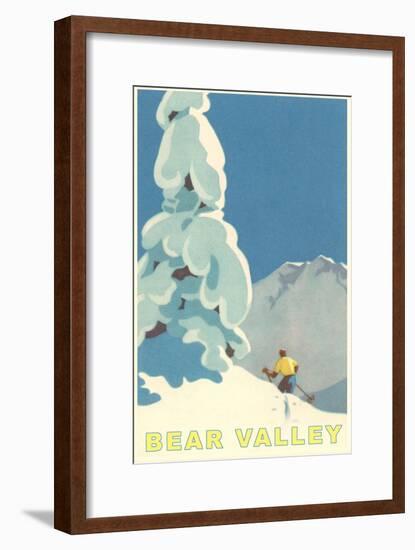 Big Snowy Pine Tree and Skier, Bear Valley-null-Framed Art Print