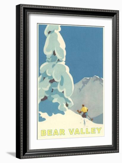 Big Snowy Pine Tree and Skier, Bear Valley-null-Framed Art Print