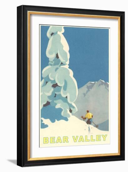 Big Snowy Pine Tree and Skier, Bear Valley-null-Framed Art Print