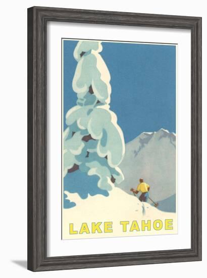Big Snowy Tree and Skier, Lake Tahoe-null-Framed Art Print