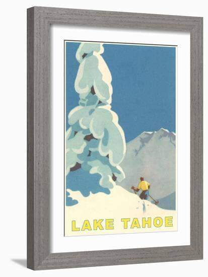 Big Snowy Tree and Skier, Lake Tahoe-null-Framed Art Print