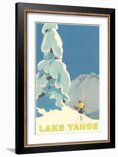 Big Snowy Tree and Skier, Lake Tahoe-null-Framed Art Print