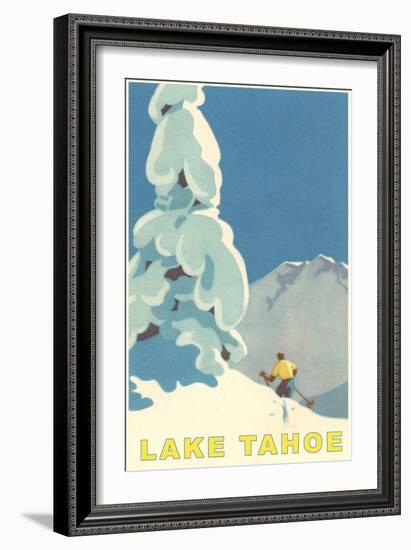 Big Snowy Tree and Skier, Lake Tahoe-null-Framed Art Print