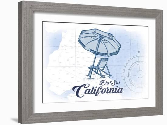 Big Sur, California - Beach Chair and Umbrella - Blue - Coastal Icon-Lantern Press-Framed Art Print