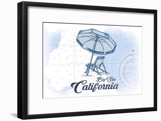 Big Sur, California - Beach Chair and Umbrella - Blue - Coastal Icon-Lantern Press-Framed Art Print