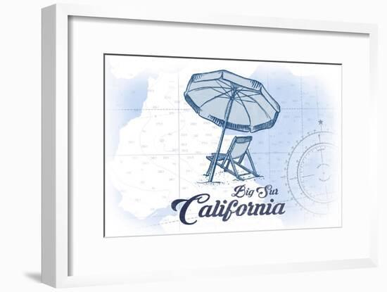 Big Sur, California - Beach Chair and Umbrella - Blue - Coastal Icon-Lantern Press-Framed Art Print