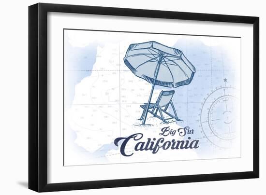 Big Sur, California - Beach Chair and Umbrella - Blue - Coastal Icon-Lantern Press-Framed Art Print