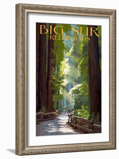 Big Sur, California - Pathway and Hikers-Lantern Press-Framed Art Print