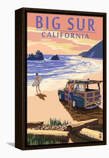 Big Sur, California - Woody on Beach-Lantern Press-Framed Stretched Canvas