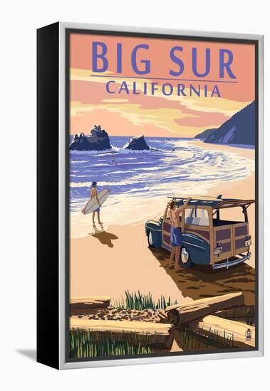 Big Sur, California - Woody on Beach-Lantern Press-Framed Stretched Canvas