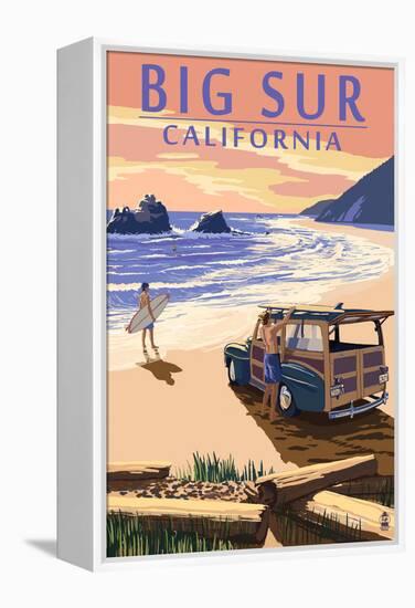 Big Sur, California - Woody on Beach-Lantern Press-Framed Stretched Canvas