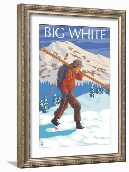 Big White - Skier Carrying-Lantern Press-Framed Art Print