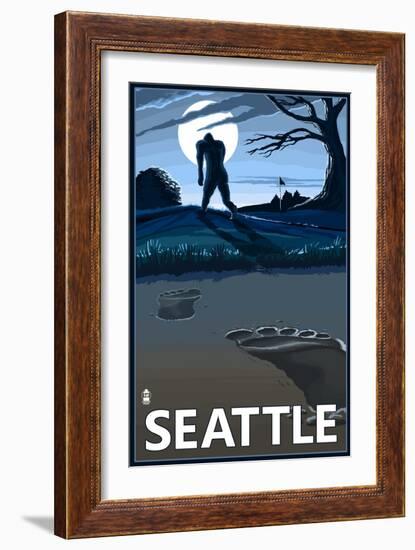 Bigfoot Scene in Seattle, WA-Lantern Press-Framed Art Print