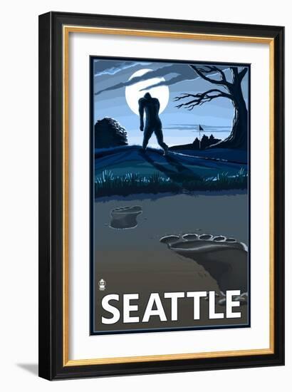 Bigfoot Scene in Seattle, WA-Lantern Press-Framed Art Print