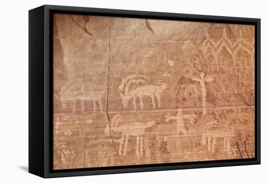 Bighorn Sheep, Human, and Geometric Petroglyphs, Gold Butte, Nevada, Usa-James Hager-Framed Premier Image Canvas