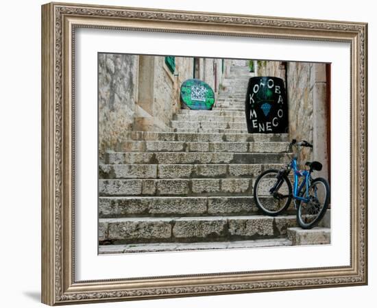 Bike and Wine Cask on Stone Steps, Hvar, Dalmatian Coast, Croatia-Alison Jones-Framed Photographic Print