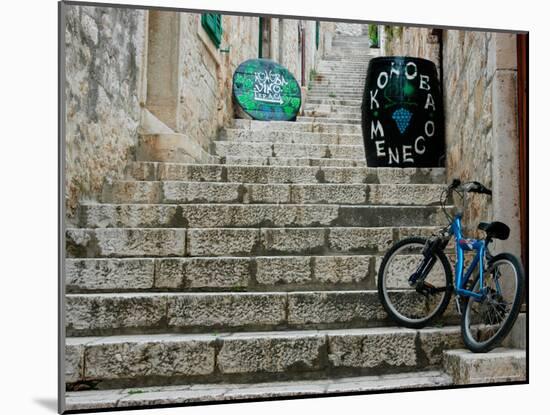 Bike and Wine Cask on Stone Steps, Hvar, Dalmatian Coast, Croatia-Alison Jones-Mounted Photographic Print