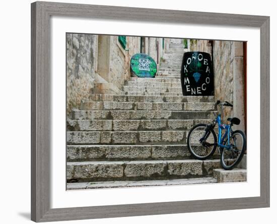 Bike and Wine Cask on Stone Steps, Hvar, Dalmatian Coast, Croatia-Alison Jones-Framed Photographic Print