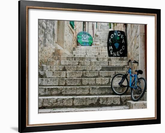 Bike and Wine Cask on Stone Steps, Hvar, Dalmatian Coast, Croatia-Alison Jones-Framed Photographic Print