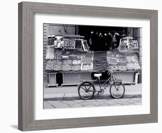 Bike Parked in Front of Fruit Stand, Lombardia, Milan, Italy-Walter Bibikow-Framed Photographic Print