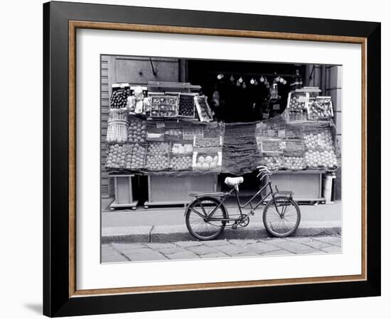 Bike Parked in Front of Fruit Stand, Lombardia, Milan, Italy-Walter Bibikow-Framed Photographic Print