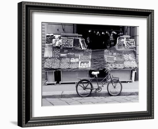 Bike Parked in Front of Fruit Stand, Lombardia, Milan, Italy-Walter Bibikow-Framed Photographic Print