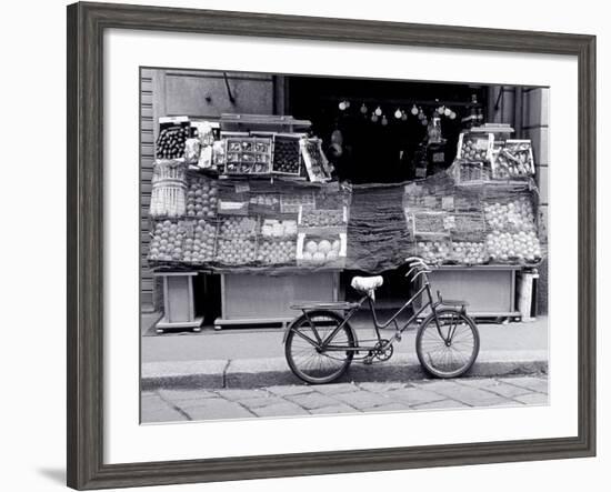 Bike Parked in Front of Fruit Stand, Lombardia, Milan, Italy-Walter Bibikow-Framed Photographic Print