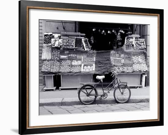 Bike Parked in Front of Fruit Stand, Lombardia, Milan, Italy-Walter Bibikow-Framed Photographic Print