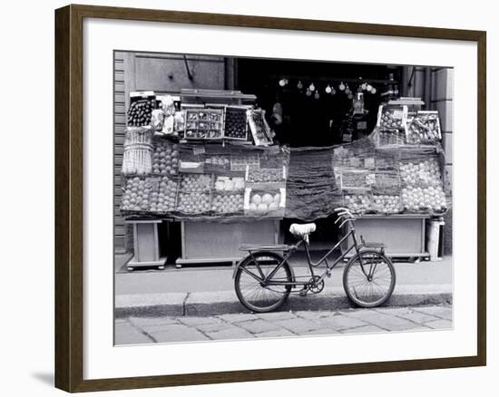 Bike Parked in Front of Fruit Stand, Lombardia, Milan, Italy-Walter Bibikow-Framed Photographic Print