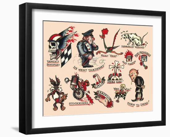 Biker Authentic Tattoo Flash by Norman Collins, aka, Sailor Jerry-null-Framed Art Print