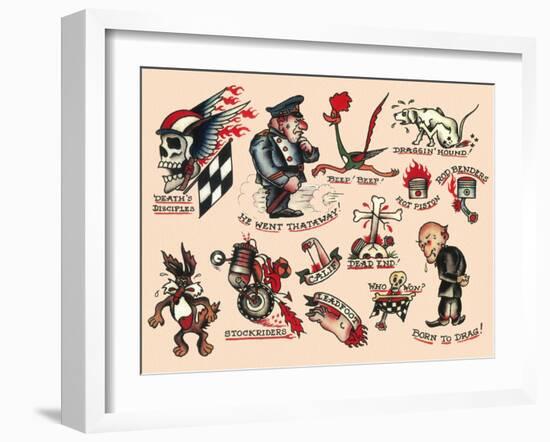Biker Authentic Tattoo Flash by Norman Collins, aka, Sailor Jerry-null-Framed Art Print