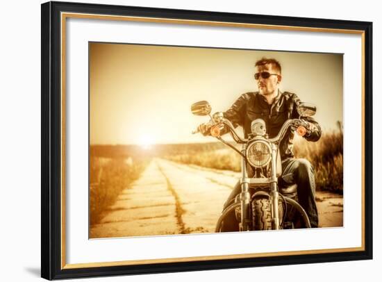 Biker Man Sits on a Bike-Andrey Armyagov-Framed Photographic Print