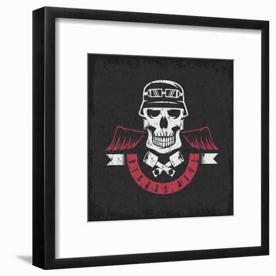 Biker Theme Grunge Label with Pistons ,Wings and Skulls-UVAconcept-Framed Art Print