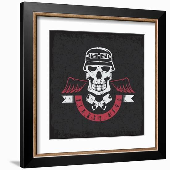 Biker Theme Grunge Label with Pistons ,Wings and Skulls-UVAconcept-Framed Art Print