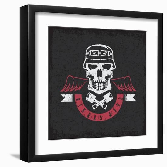 Biker Theme Grunge Label with Pistons ,Wings and Skulls-UVAconcept-Framed Art Print