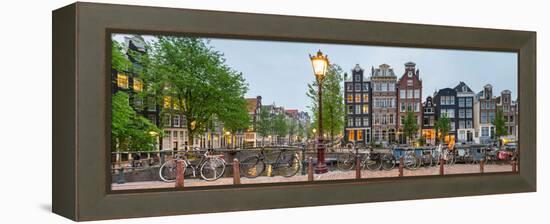 Bikes and Houses Along Canal at Dusk at Intersection of Herengracht and Brouwersgracht-null-Framed Stretched Canvas