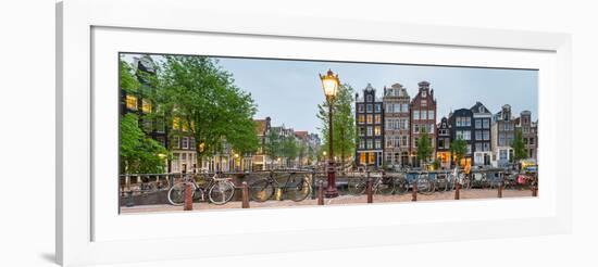 Bikes and Houses Along Canal at Dusk at Intersection of Herengracht and Brouwersgracht-null-Framed Premium Photographic Print