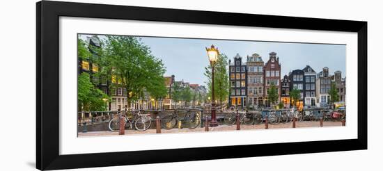 Bikes and Houses Along Canal at Dusk at Intersection of Herengracht and Brouwersgracht-null-Framed Premium Photographic Print