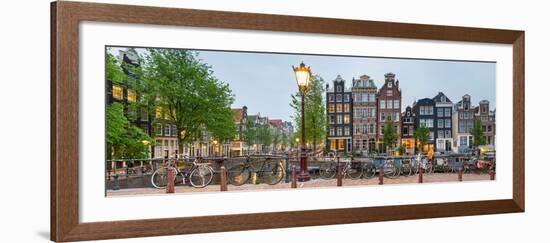 Bikes and Houses Along Canal at Dusk at Intersection of Herengracht and Brouwersgracht-null-Framed Premium Photographic Print