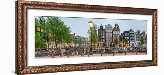 Bikes and Houses Along Canal at Dusk at Intersection of Herengracht and Brouwersgracht-null-Framed Premium Photographic Print