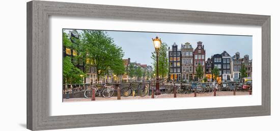 Bikes and Houses Along Canal at Dusk at Intersection of Herengracht and Brouwersgracht-null-Framed Photographic Print