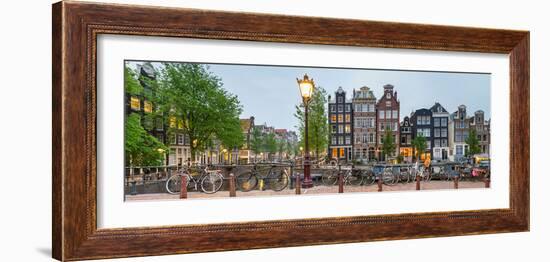 Bikes and Houses Along Canal at Dusk at Intersection of Herengracht and Brouwersgracht-null-Framed Photographic Print