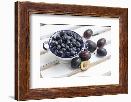 Bilberries and Plums with Enamel Dishes-Andrea Haase-Framed Photographic Print