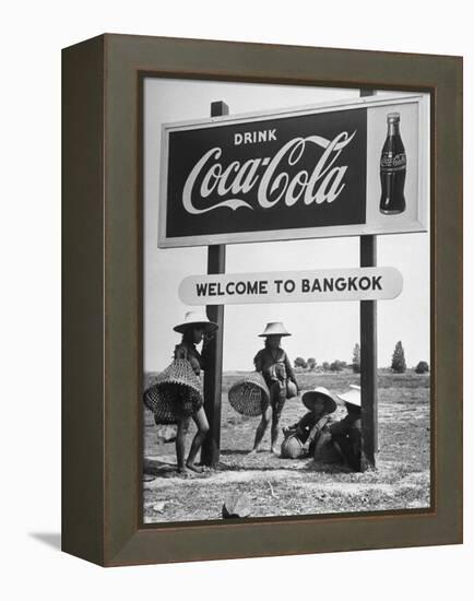 Billboard Advertising Coca Cola at Outskirts of Bangkok with Welcoming Sign "Welcome to Bangkok"-Dmitri Kessel-Framed Premier Image Canvas