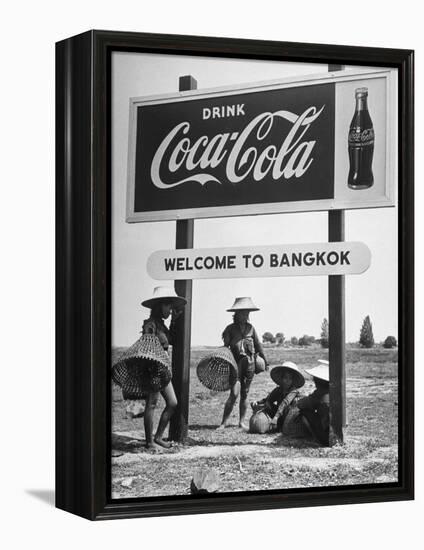 Billboard Advertising Coca Cola at Outskirts of Bangkok with Welcoming Sign "Welcome to Bangkok"-Dmitri Kessel-Framed Premier Image Canvas